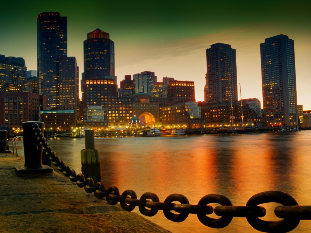View of Financial District and Harbor at sunset in Boston, Massachusetts, USA