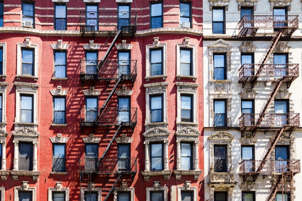 New York City historic apartment building windows and fire escapes in Manhattan